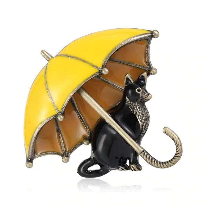 Chat avec un parapluie - broche en émail