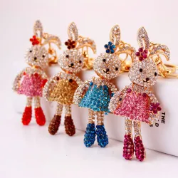 Lapin à longues oreilles en cristal / fleurs - porte-clés