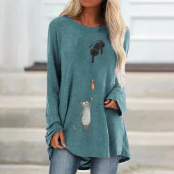 T-shirt manches longues - pull long - imprimé deux chats / poissons