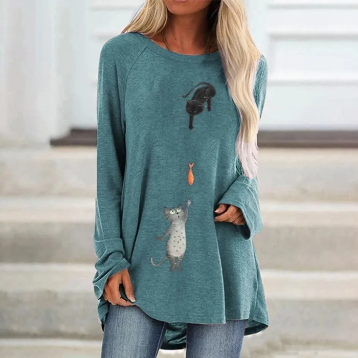 T-shirt manches longues - pull long - imprimé deux chats / poissons