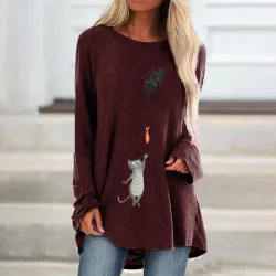Long sleeve t-shirt - long pullover - two cats / fish printBlouses & shirts