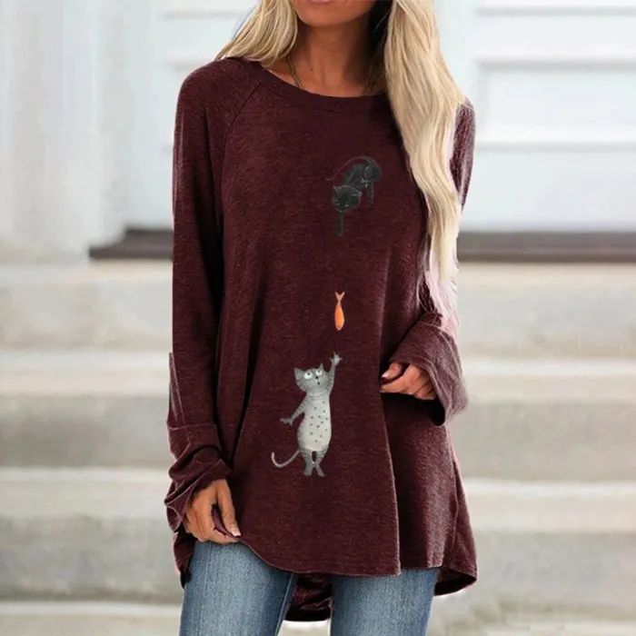 Long sleeve t-shirt - long pullover - two cats / fish printBlouses & shirts