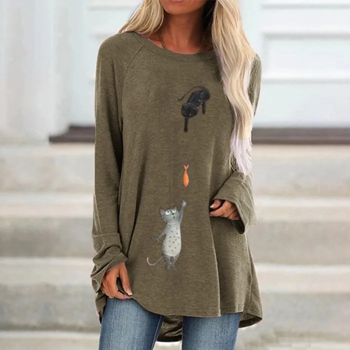 T-shirt manches longues - pull long - imprimé deux chats / poissons