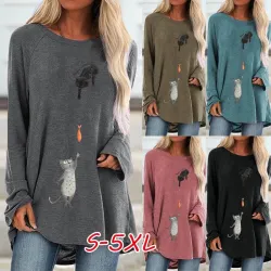 T-shirt manches longues - pull long - imprimé deux chats / poissons