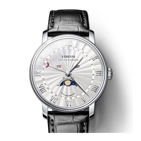 LOBINNI - montre à quartz de luxe - phase de lune - étanche - bracelet en cuir - noir / blanc