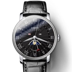 LOBINNI - montre à quartz de luxe - phase de lune - étanche - bracelet cuir - noir