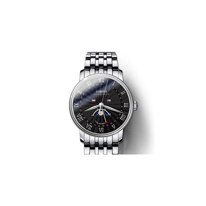 LOBINNI - montre à quartz de luxe - phase de lune - étanche - acier inoxydable - argent / noir