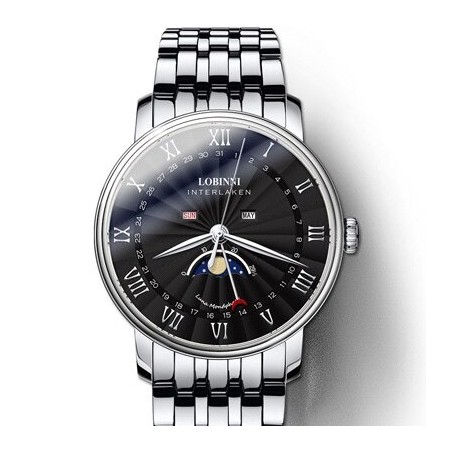 LOBINNI - montre à quartz de luxe - phase de lune - étanche - acier inoxydable - argent / noir