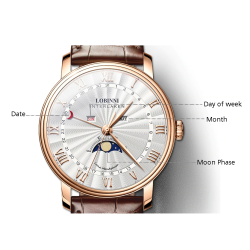 LOBINNI - montre à quartz de luxe - phase de lune - étanche - acier inoxydable - argent / blanc