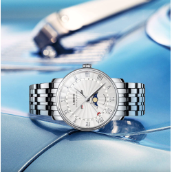 LOBINNI - montre à quartz de luxe - phase de lune - étanche - acier inoxydable - argent / blanc