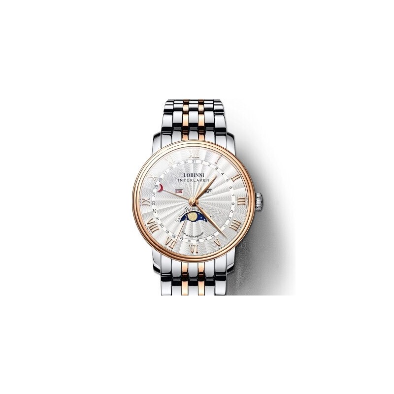 LOBINNI - montre à quartz de luxe - phase de lune - étanche - acier inoxydable - or / blanc