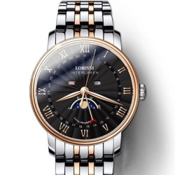 copy of LOBINNI - montre à quartz de luxe - phase de lune - étanche - acier inoxydable - or / blanc