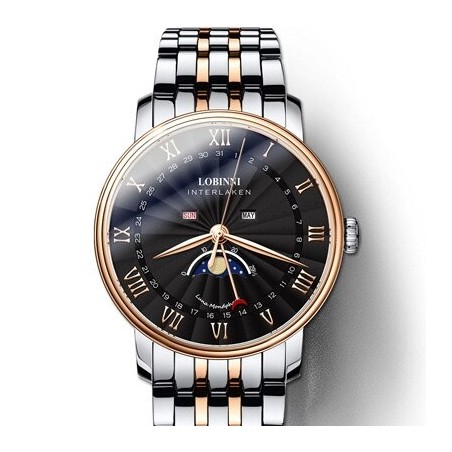 LOBINNI - montre à quartz de luxe - phase de lune - étanche - acier inoxydable - or / noir