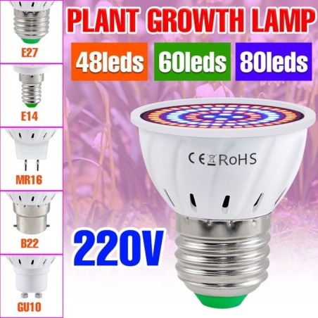 Ampoule LED - lumière de croissance des plantes - spectre complet - hydroponique - E27 - E14 - GU10 - MR16 - B22 - 220V