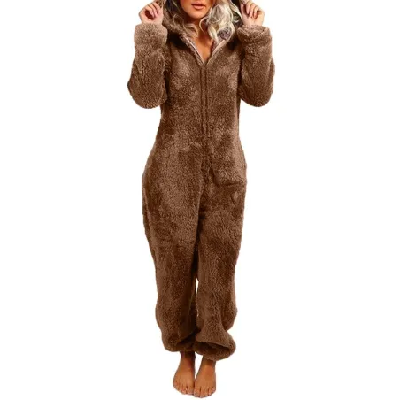 Pyjama long d'hiver - barboteuse en peluche - avec fermeture éclair / capuche