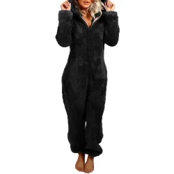 Pyjama long d'hiver - barboteuse en peluche - avec fermeture éclair / capuche