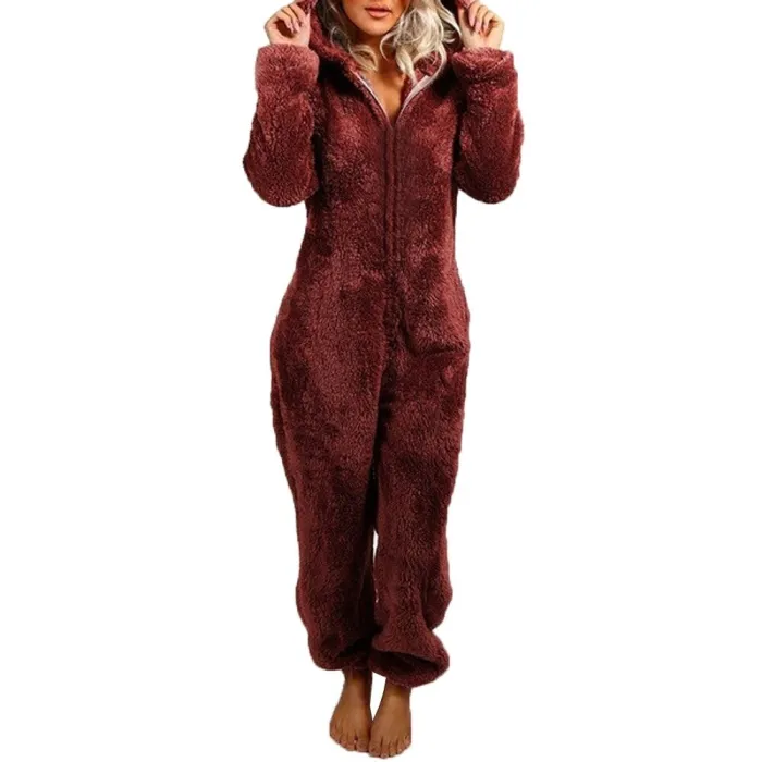 Pyjama long d'hiver - barboteuse en peluche - avec fermeture éclair / capuche
