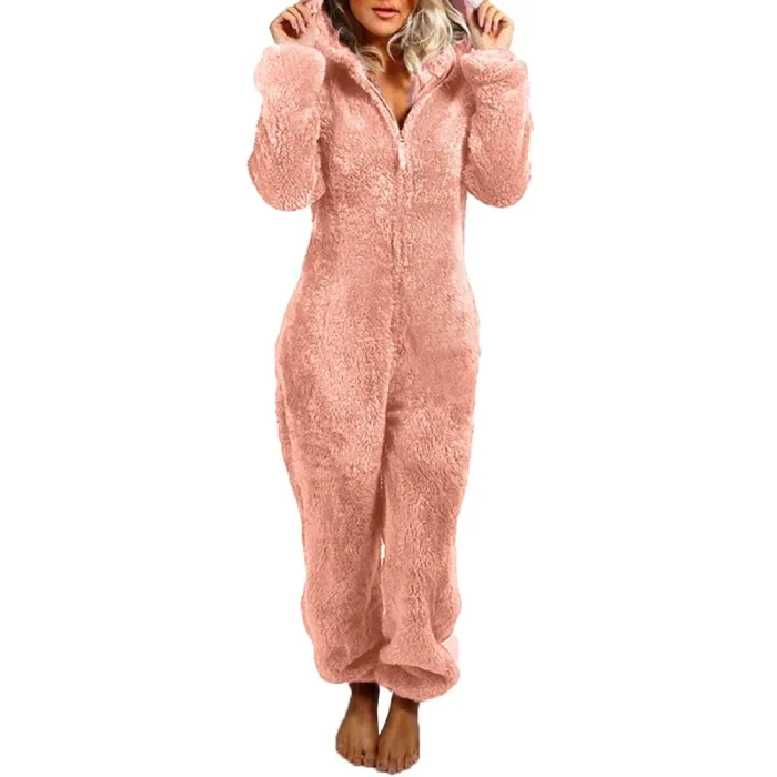 Pyjama long d'hiver - barboteuse en peluche - avec fermeture éclair / capuche