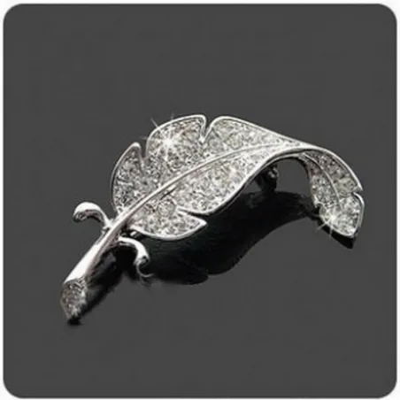 Feuille d'argent / plume avec strass - broche