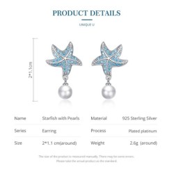 Blue zircon starfish earrings - with pearl - 925 sterling silverEarrings