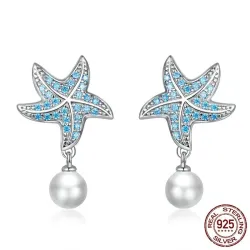 Boucles d'oreilles étoile de mer avec zircon bleu - avec perle - argent sterling 925