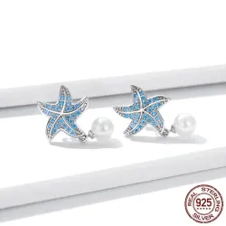 Blue zircon starfish earrings - with pearl - 925 sterling silverEarrings