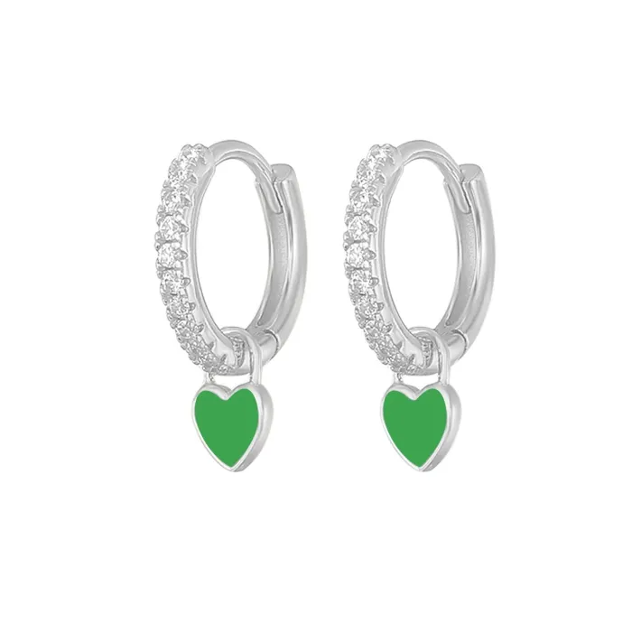 Boucles d'oreilles rondes en argent avec cristaux / coeur suspendu - argent sterling 925