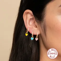 Boucles d'oreilles dorées rondes avec cristaux / coeur suspendu - argent sterling 925