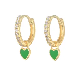 Boucles d'oreilles dorées rondes avec cristaux / coeur suspendu - argent sterling 925