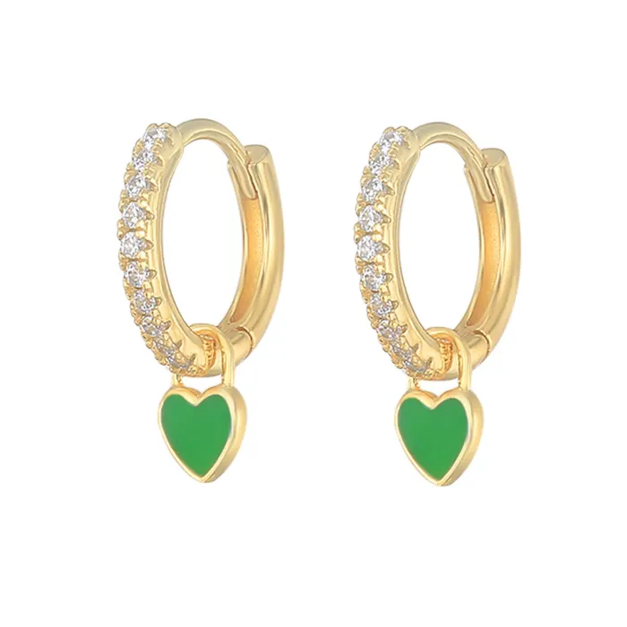 Boucles d'oreilles dorées rondes avec cristaux / coeur suspendu - argent sterling 925