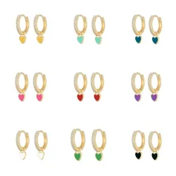 Boucles d'oreilles dorées rondes avec cristaux / coeur suspendu - argent sterling 925