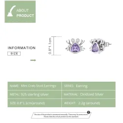 Crab shaped earrings - purple zircon - 925 sterling silverEarrings