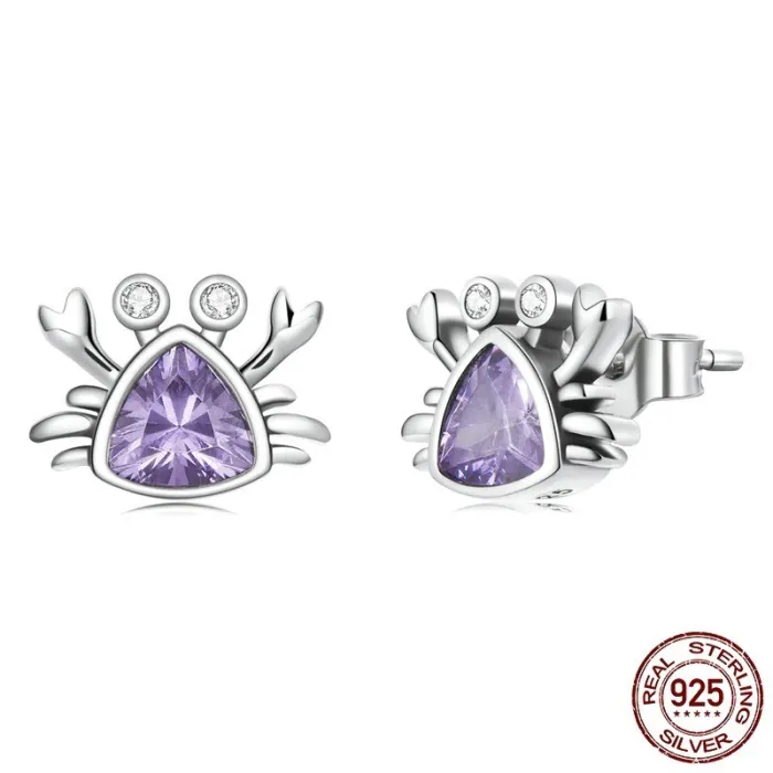 Boucles d'oreilles en forme de crabe - zircon violet - argent sterling 925