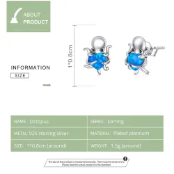 Pieuvre en argent / coeur en cristal bleu - boucles d'oreilles - argent sterling 925