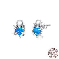 Pieuvre en argent / coeur en cristal bleu - boucles d'oreilles - argent sterling 925