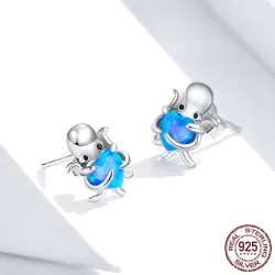 Pieuvre en argent / coeur en cristal bleu - boucles d'oreilles - argent sterling 925
