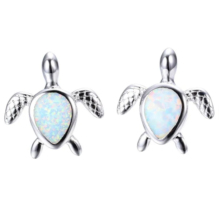 Boucles d'oreilles tortue argent - opale colorée