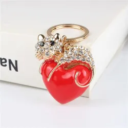Coeur rouge / chat cristal - porte-clés