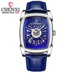 CHENXI - montre carrée automatique - design sculpté en creux - bracelet en cuir - argent / bleu