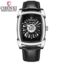 CHENXI - montre carrée automatique - design sculpté en creux - bracelet en cuir - argent / noir