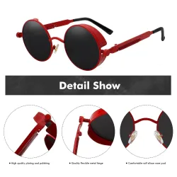 Lunettes de soleil rondes gothiques / steampunk - verres rouges - monture en métal - UV 400 - unisexe