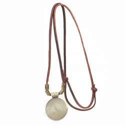 Vintage necklace - round metal pendant - leather ropeNecklaces