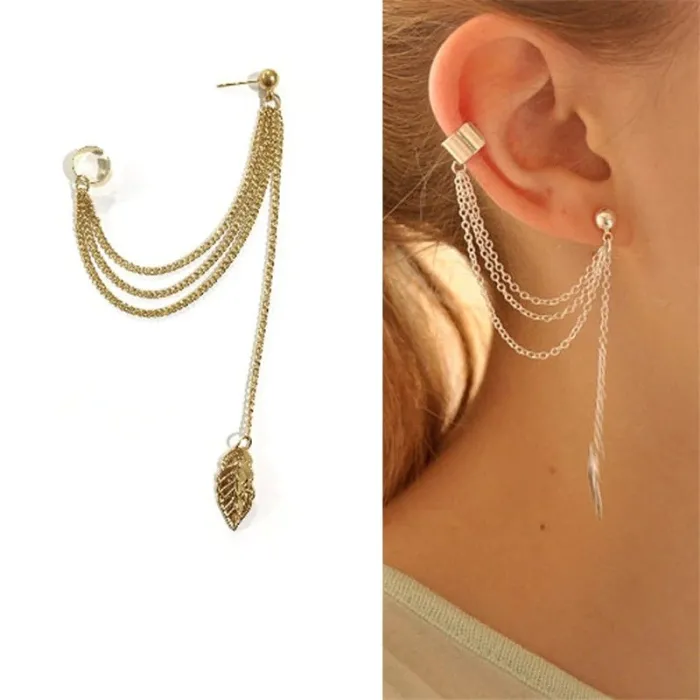 Style punk / rock - boucle d'oreille avec chaîne / feuille - long clip d'oreille