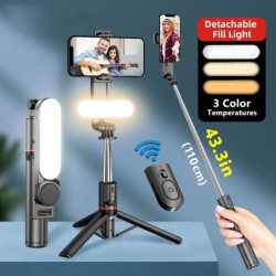 L15 - perche à selfie - mini trépied pliable - avec lumière d'appoint - Bluetooth - déclencheur à distance