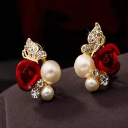 Elegant stud earrings - red rose / pearls / butterfly - crystalsEarrings