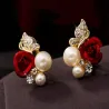 Elegant stud earrings - red rose / pearls / butterfly - crystalsEarrings