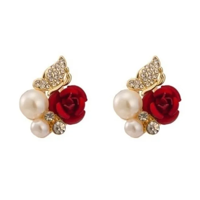 Elegant stud earrings - red rose / pearls / butterfly - crystalsEarrings