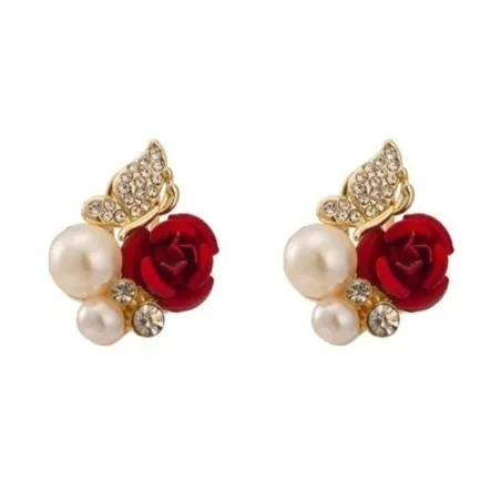 Elegant stud earrings - red rose / pearls / butterfly - crystalsEarrings