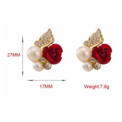 Elegant stud earrings - red rose / pearls / butterfly - crystalsEarrings