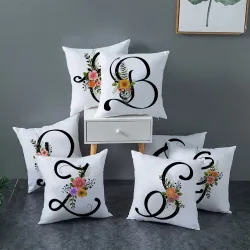 Housse de coussin déco blanche - alphabet anglais noir / fleurs - 45*45 cm